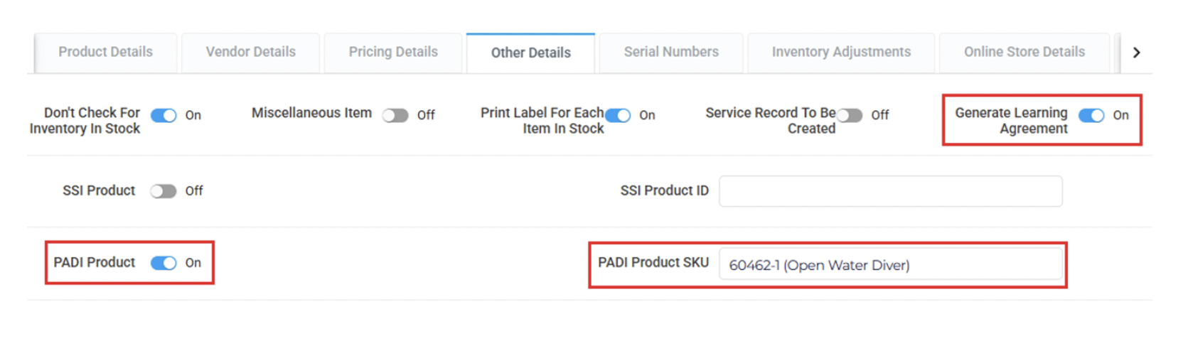 Other Details tab with Generate Learning Agreement and PADI Product highlighted