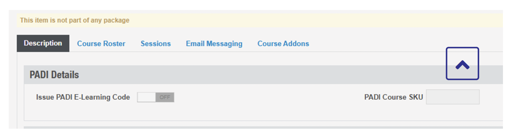 Description tab, Issue PADI E-Learning Code toggle