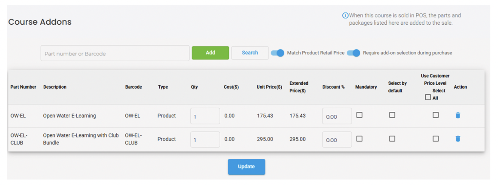 Course Addons tab, full view
