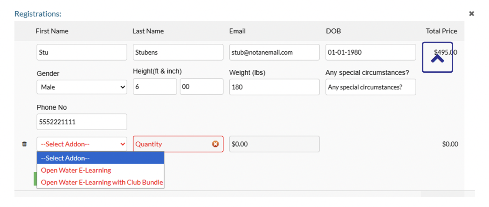 Booking screen, Select Addon dropdown